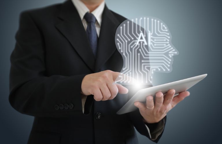 Man Holding Tablet with White AI Head Graphic