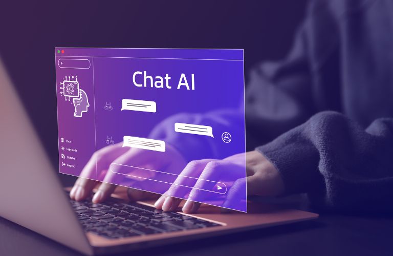 Laptop with Purple Chat AI Graphic