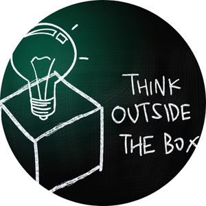 Drawing of Lightbulb and Box on Black Background with Think Outside the Box Text